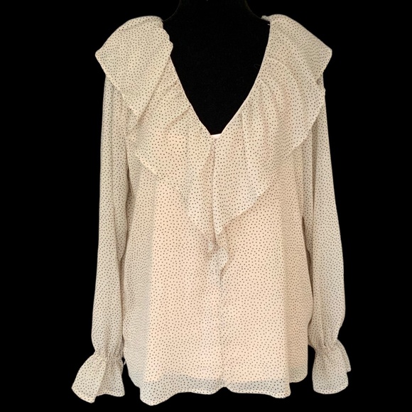 Loft Dotted Cream Beige V Neck Ruffle Lined Long Sleeve Crepe Career Blo… - Picture 4 of 14
